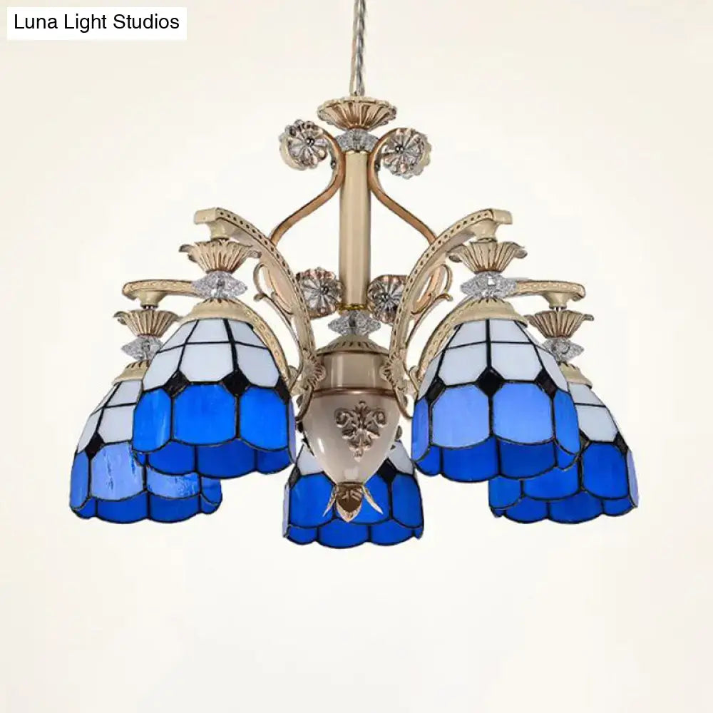 Decorbites dazzling baroque chandelier light fixture in blue and white stained glass with gold-toned metal accents