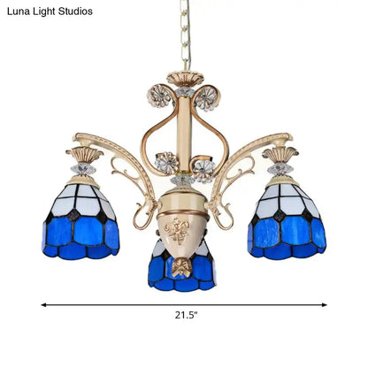 DecorBites™ dazzling baroque chandelier light fixture with blue and white stained glass and gold-toned metal arms