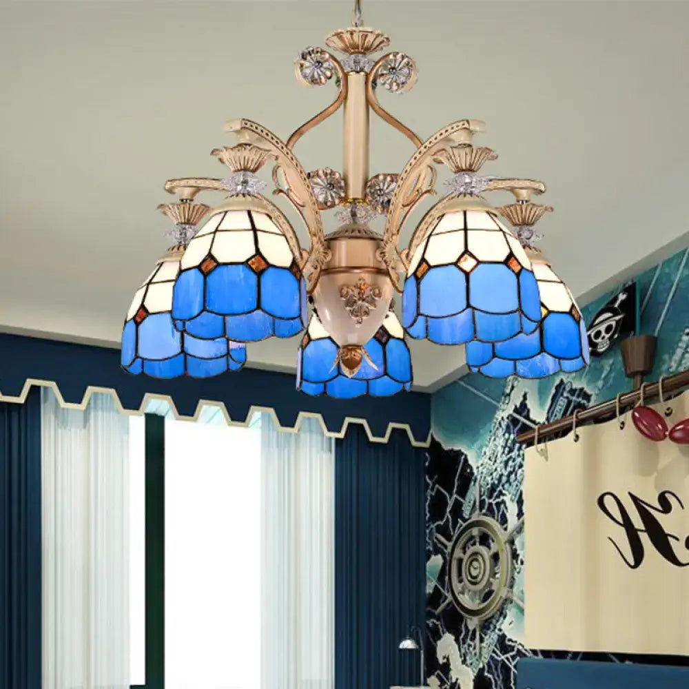 Decorbites dazzling baroque chandelier light fixture with blue and white stained glass and gold-toned metal arms