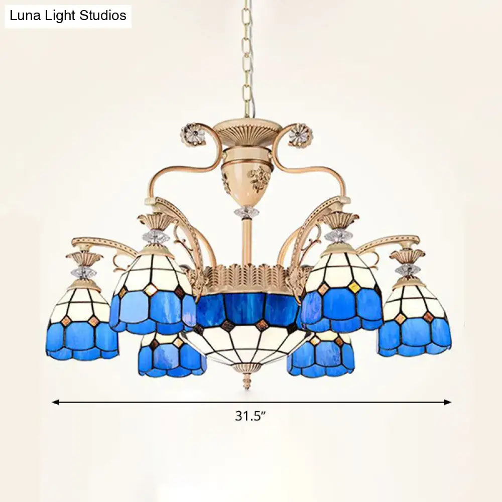 Decorbites dazzling baroque chandelier light fixture in blue and white stained glass with gold-toned metal accents