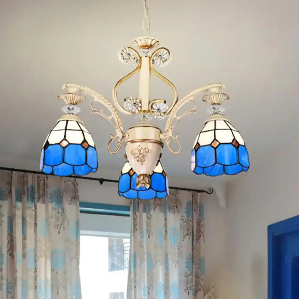 Decorbites dazzling baroque chandelier light fixture in blue and white stained glass with gold-toned metal arms