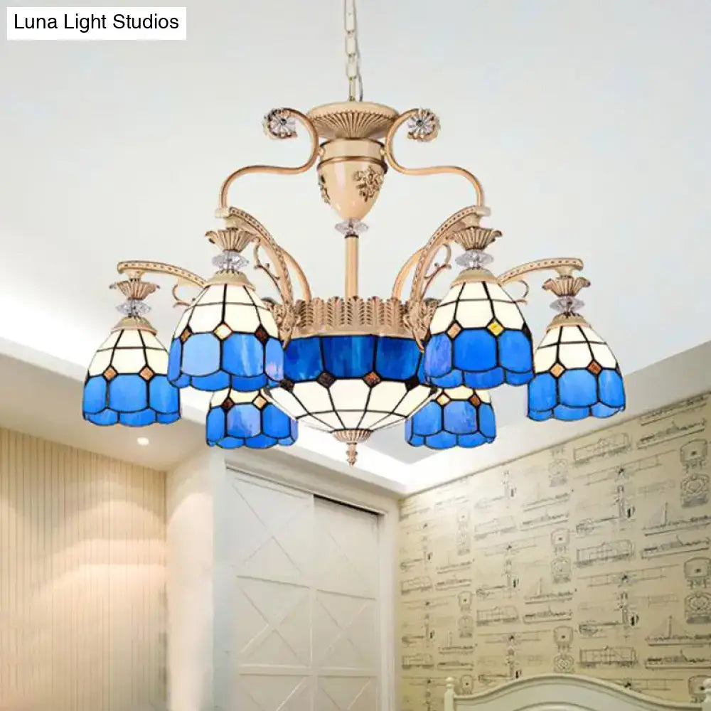 DecorBites™ dazzling Baroque chandelier light fixture with blue and white stained glass and gold-toned metal arms
