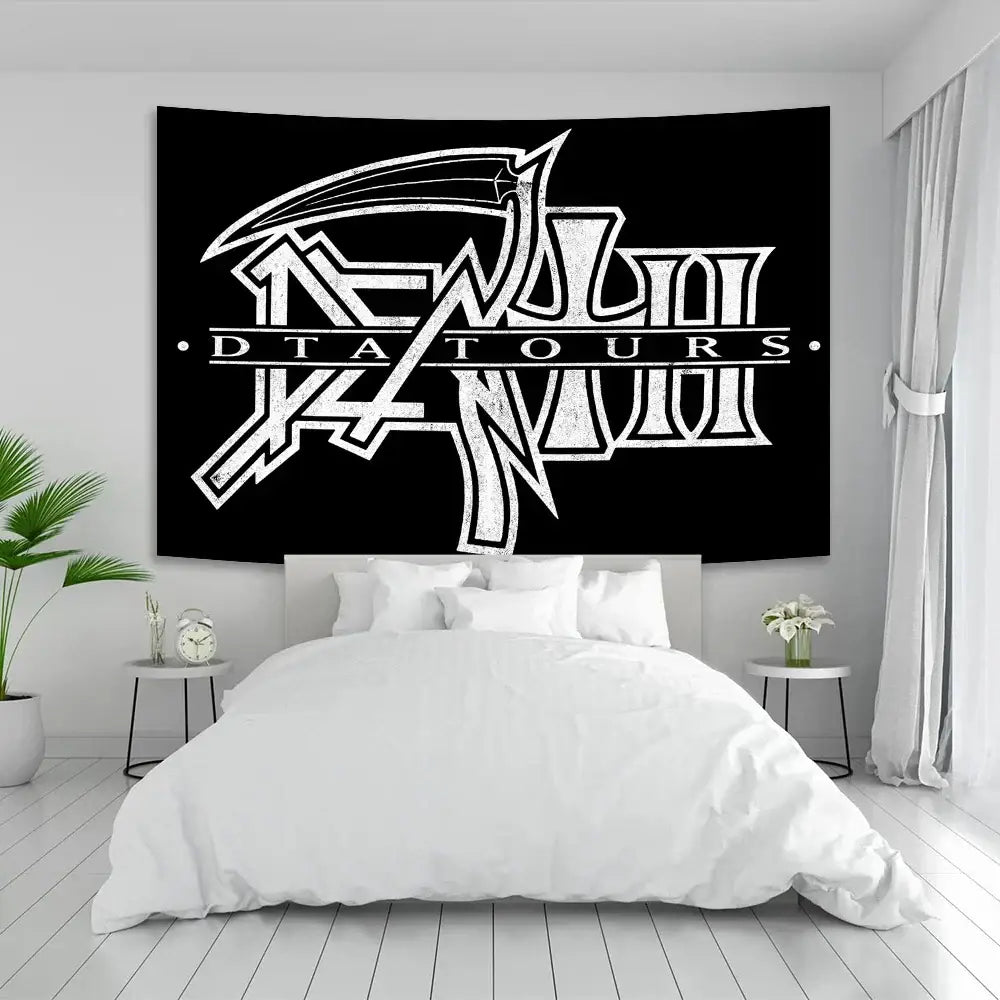 Black wall tapestry featuring a bold white dtatours logo with crossed swords design for decorbites deaths metal trend bedroom art