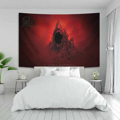 A red and black decorbites deaths metal wall tapestry featuring a menacing creature against a fiery backdrop for bedroom art