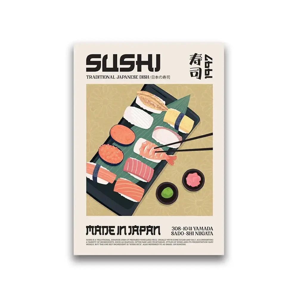 DecorBites™ minimalist canvas print featuring sushi world cuisine on black tray for elegant home decor display