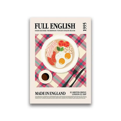 A vintage-style canvas print of a full english breakfast on plaid tablecloth for world cuisine home decor