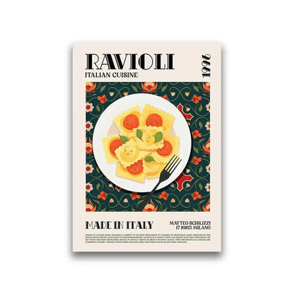 DecorBites™ delicious world cuisine canvas wall art of yellow ravioli with tomato and basil on dark green floral background