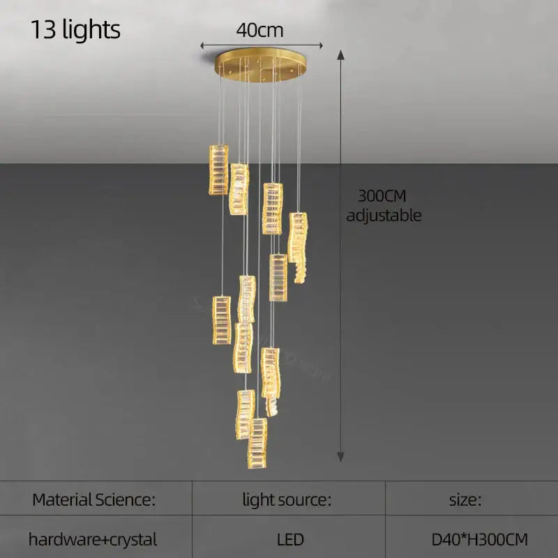 Gold-toned decorbites deluxe crystal spiral slinglights pendant with 13 crystal-encrusted rectangular pendants for dining room