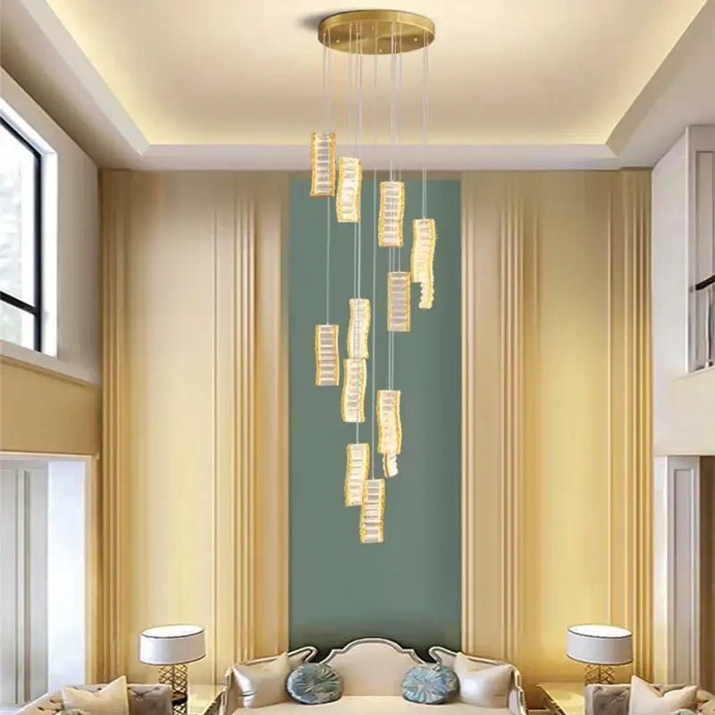 Decorbites deluxe crystal gold rectangular pendant chandelier with modern cascading crystal spiral slinglights design