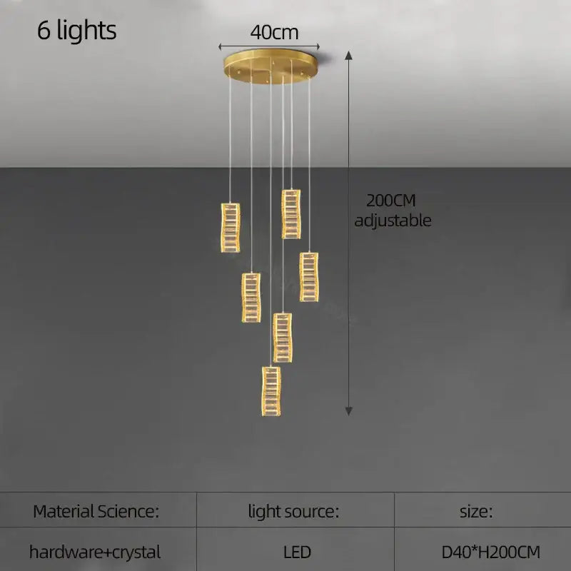 Gold-toned decorbites deluxe crystal pendant with six cascading led spiral slinglights for dining room illumination