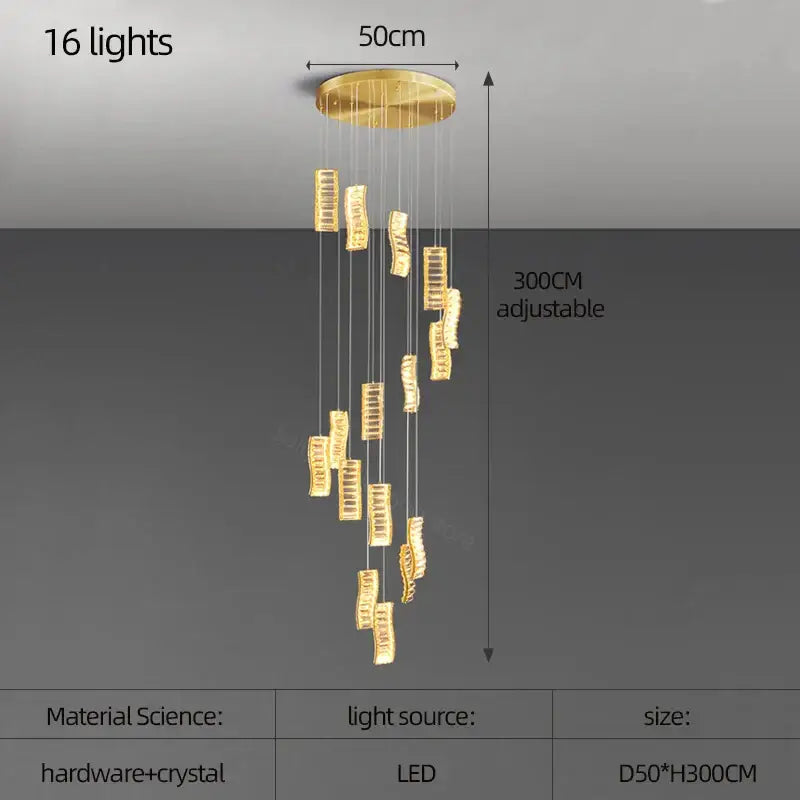 Gold-toned decorbites deluxe crystal spiral slinglights pendant with 16 led rectangular crystal fixtures for dining room