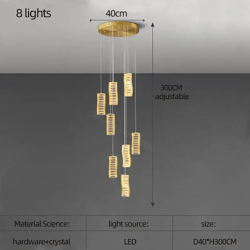 Gold-toned decorbites deluxe crystal spiral slinglights pendant with eight crystal-encrusted rectangular fixtures for dining room