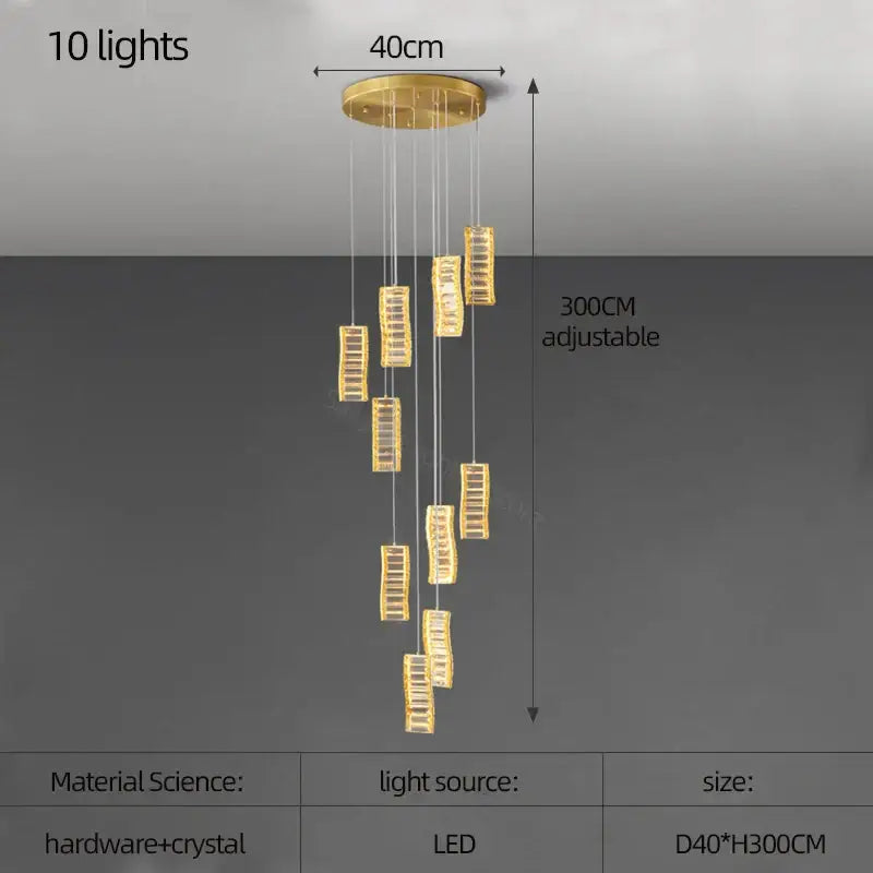 Gold-toned decorbites deluxe crystal spiral slinglights pendant with ten cascading crystal-encrusted rectangular lights