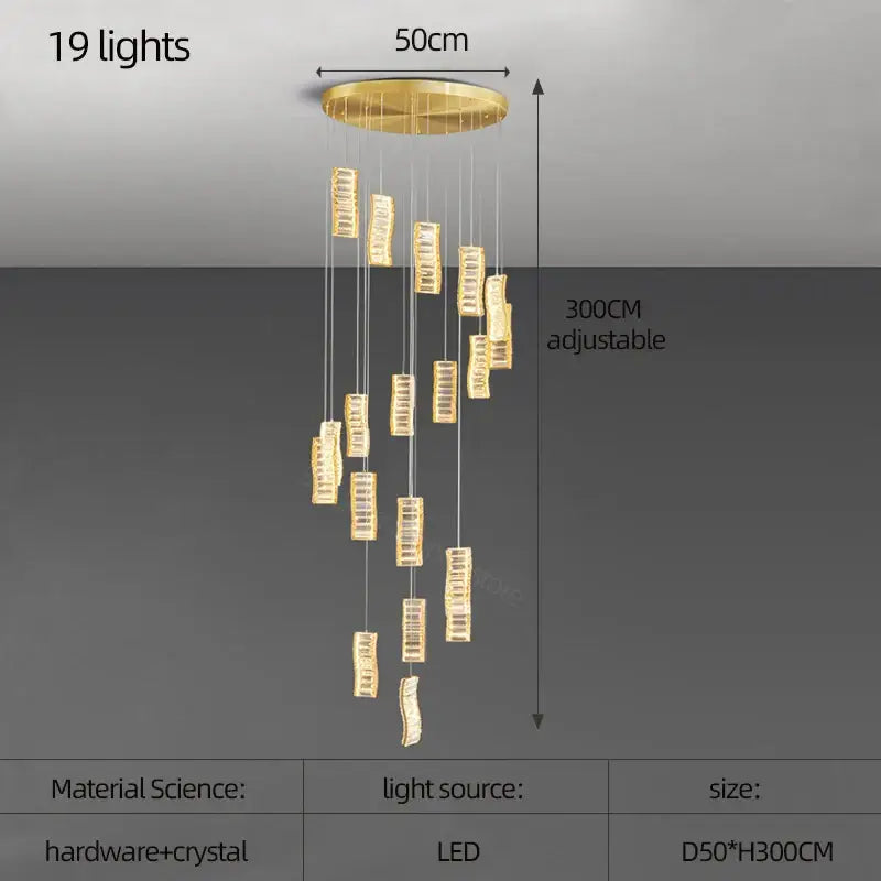 Gold-toned decorbites deluxe crystal spiral slinglights dining room pendant with 19 cascading crystal rectangular pendants