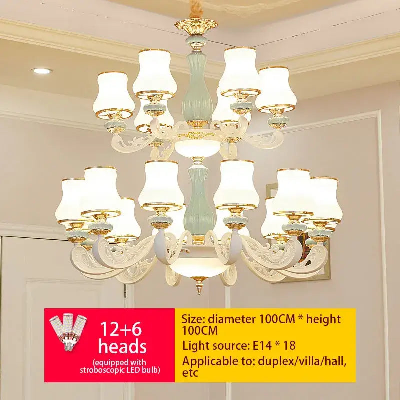 Luxurious decorbites deluxe duplex living chandelier with twelve white lampshades, six lights, gold accents, and blue glass details