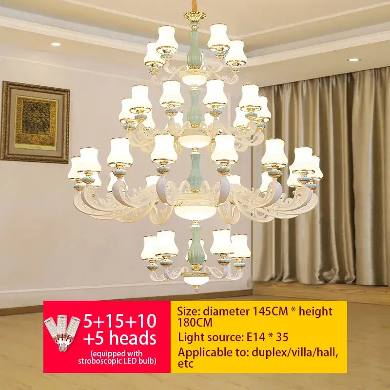 Decorbites deluxe duplex living room chandelier with light blue central column, gold accents, and white glass shades