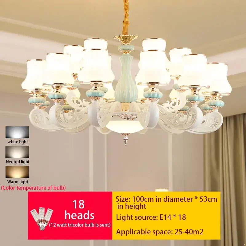 An elegant decorbites deluxe duplex living white and blue glass chandelier with 18 frosted shades and gold accents