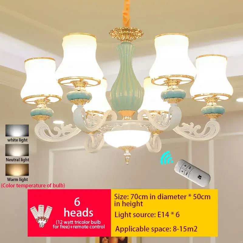 Decorbites deluxe duplex living room chandelier with light blue ceramic body, white ornate arms, and gold-trimmed lampshades