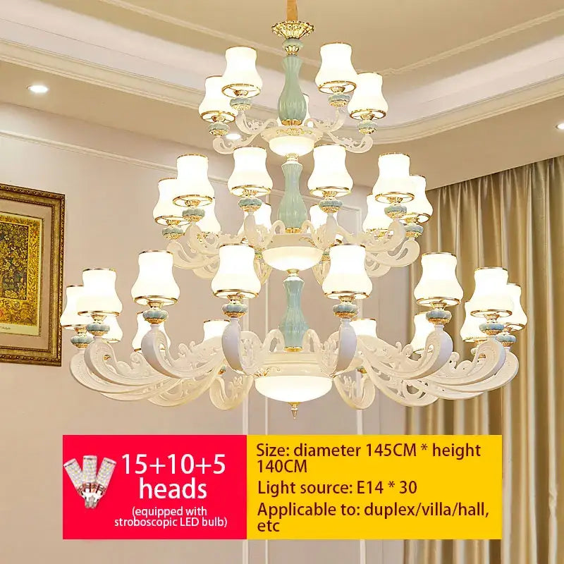 An ornate decorbites deluxe duplex living room chandelier with white and light blue ceramic arms and lampshades