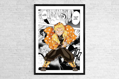 Black-framed demon slayer canvas poster featuring anime character in vibrant orange jacket for home decor