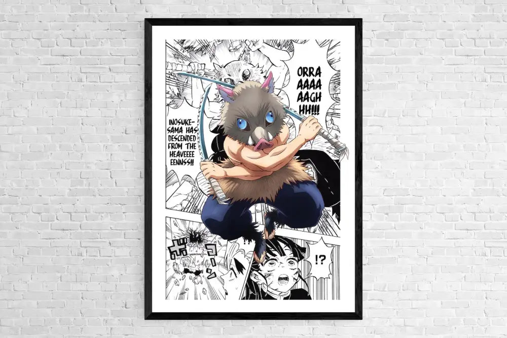 Black-framed demon slayer canvas poster featuring inosuke hashibira mid-action for home decor by decorbites