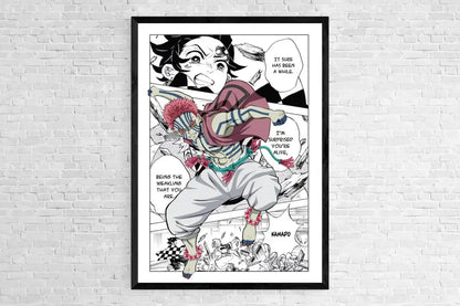 Black-framed demon slayer canvas poster with bold ink artwork and vibrant red accents for home decor by DecorBites™