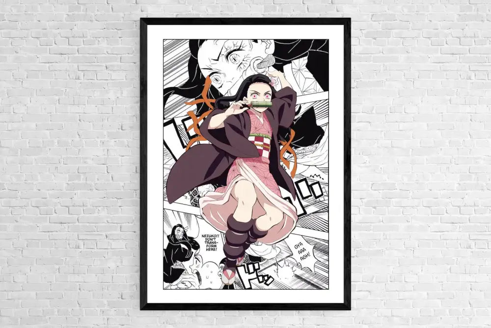 Black-framed demon slayer canvas poster featuring dynamic anime character in traditional japanese attire with vibrant pink accents for home decor