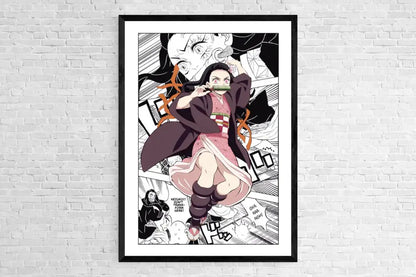 Black-framed demon slayer canvas poster featuring vibrant pink accents and traditional japanese attire for home decor