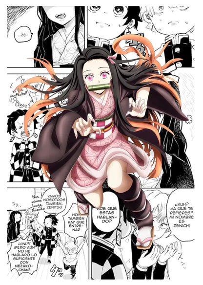 A manga-style demon slayer canvas poster featuring a young woman in a pink and brown kimono for home decor