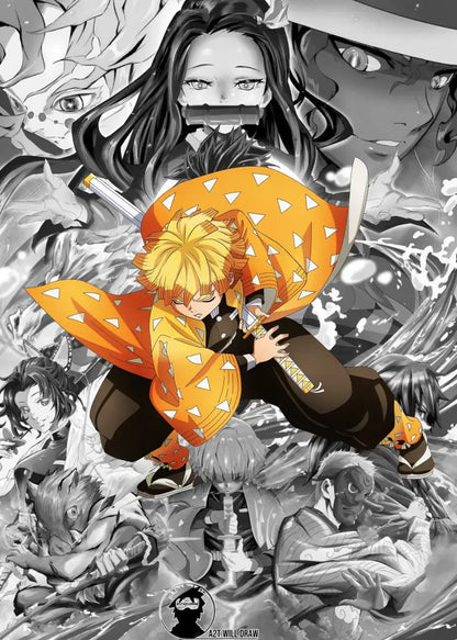 DecorBites™ demon slayer canvas poster featuring a blonde character in an orange kimono with white patterns for home decor