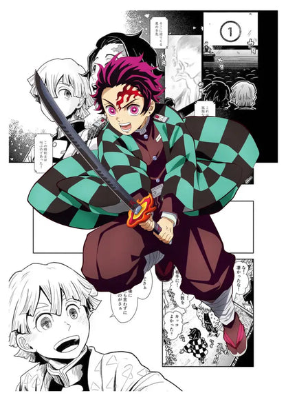 Decorbites demon slayer anime canvas poster featuring a vibrant green and black checkered kimono for home decor