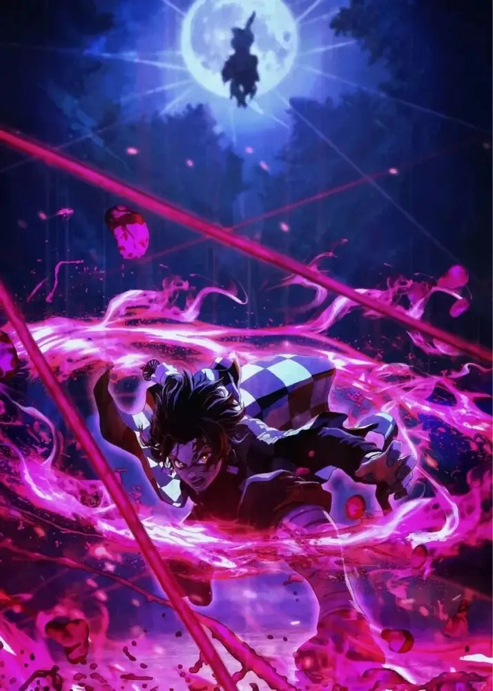 A rengoku art poster canvas featuring a dynamic anime character in black and white checkered outfit with pink energy effects under a blue moon
