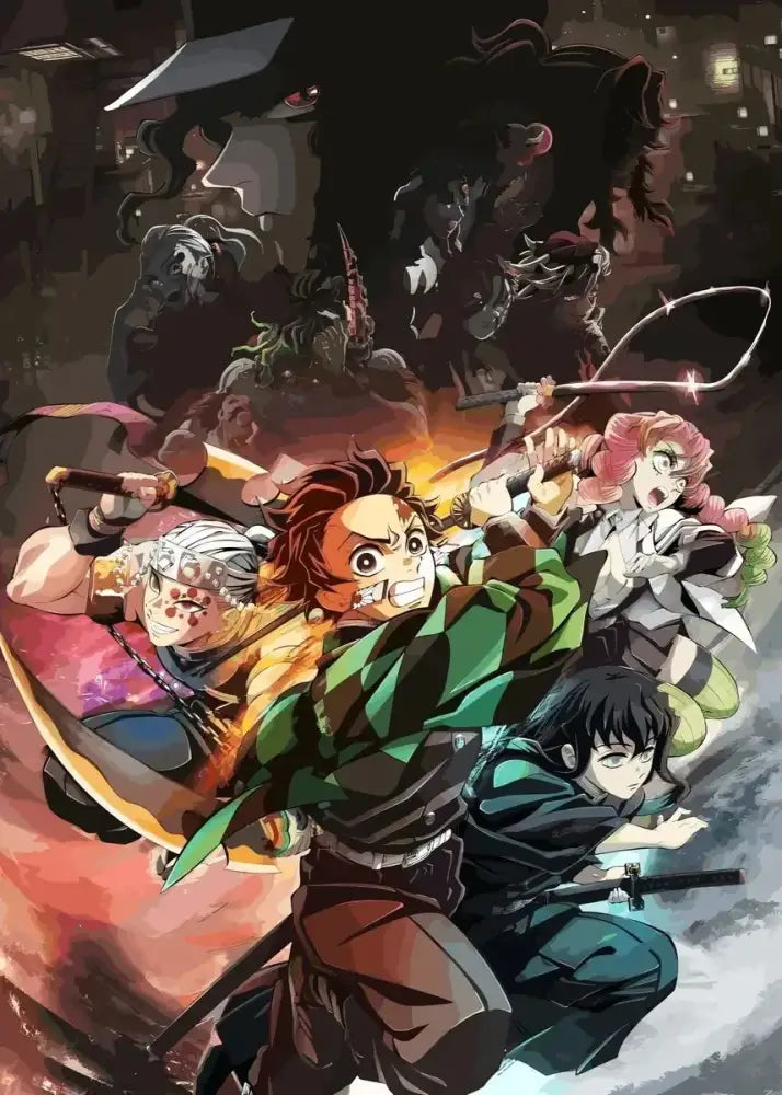 A dynamic rengoku art poster canvas featuring the main character in a green and black checkered jacket wielding a sword