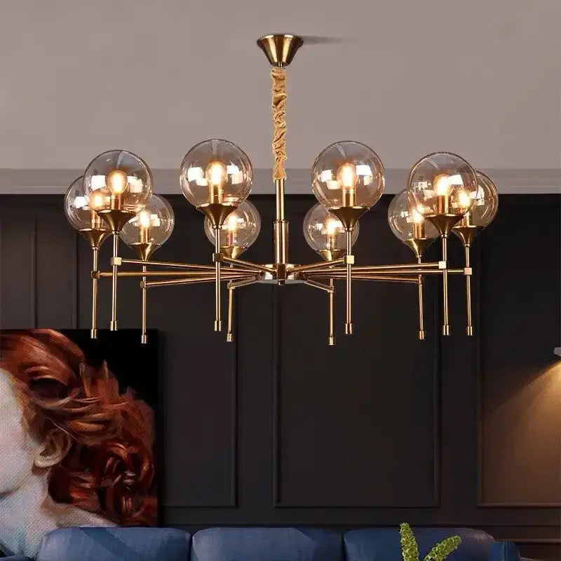 Decorbites™ designer metal chandelier with brass finish multiple spherical glass globes and twisted rope pendant