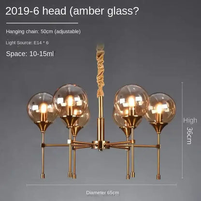 DecorBites™ designer metal chandelier with brass finish five amber glass globe shades and twisted rope hanging chain