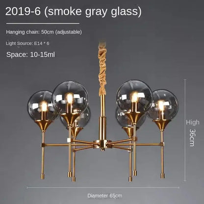 DecorBites designer metal chandelier with five smoke gray glass globes and adjustable brass hanging chain for modern living