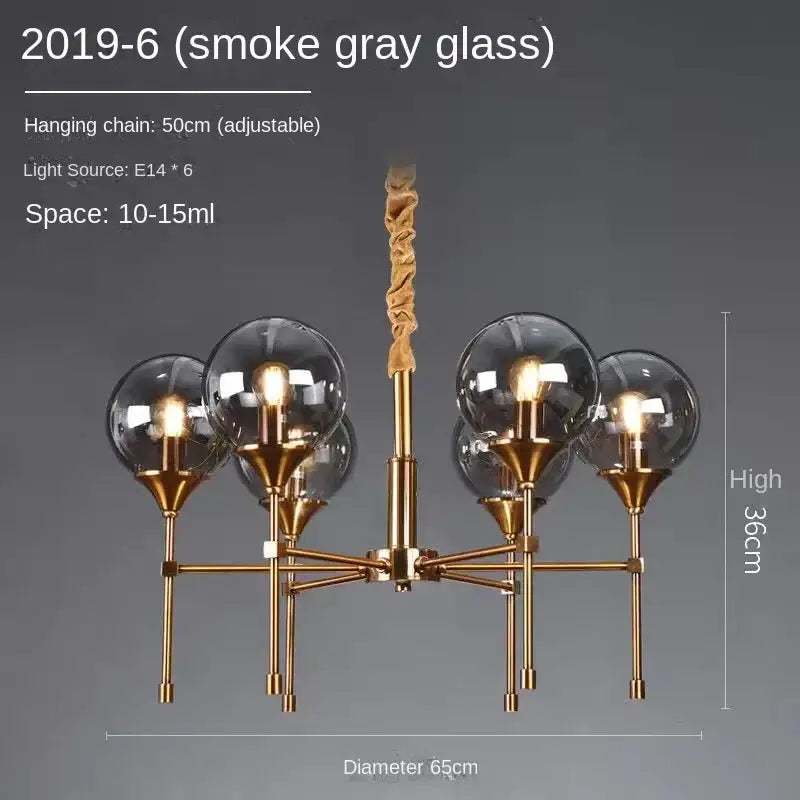 DecorBites designer metal chandelier with five smoke gray glass globes and adjustable brass hanging chain for modern living