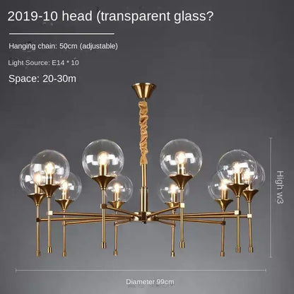 Decorbites™ designer metal chandelier with gold-toned twisted stem and ten clear glass globes for modern living