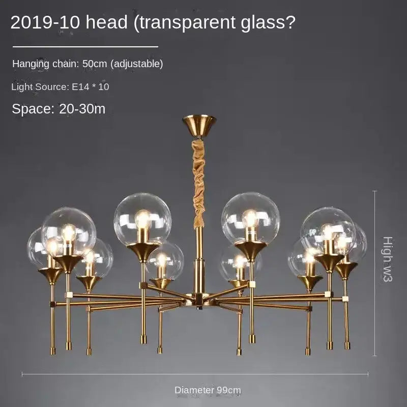 Decorbites™ designer metal chandelier with gold-toned twisted stem and ten clear glass globes for modern living