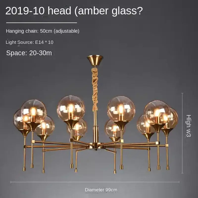 Gold-toned designer metal chandelier with ten amber glass globes and twisted rope hanging chain for modern living