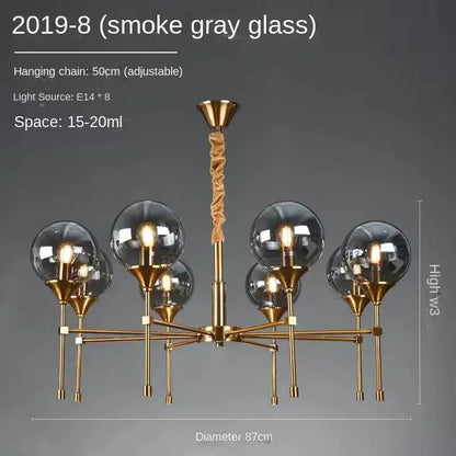 DecorBites™ designer metal chandelier with smoke gray glass, brass accents, and twisted central chain for modern living