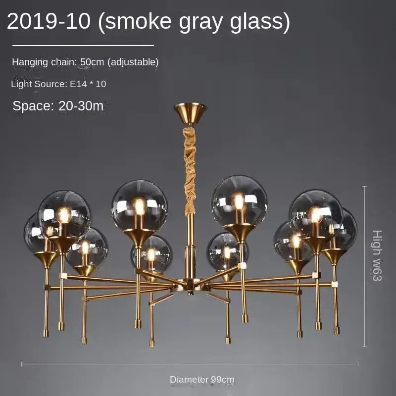 DecorBites designer metal chandelier in smoke gray glass with brass finish and ten spherical light fixtures for modern living