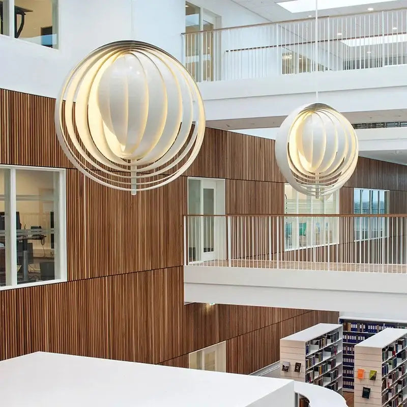 Modern spherical pendant decorbites designer moon led chandelier with warm glowing interior and white wooden rings