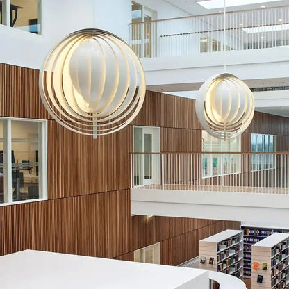 Modern spherical pendant decorbites designer moon led chandelier with warm glowing interior and white wooden rings