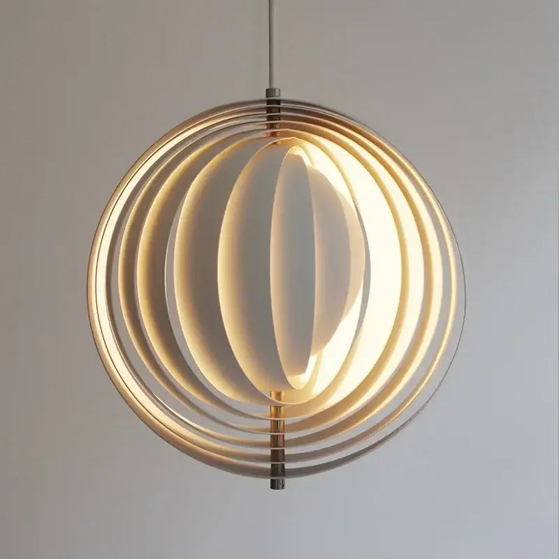 Warm-toned decorbites designer moon led chandelier with concentric wooden rings and glowing orb for dining room lighting