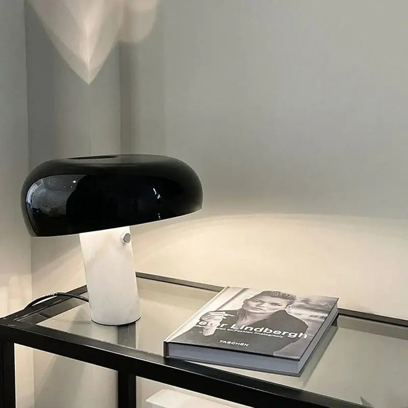 Black glossy decorbites designer mushroom lamp with white marble base ideal for study room decor
