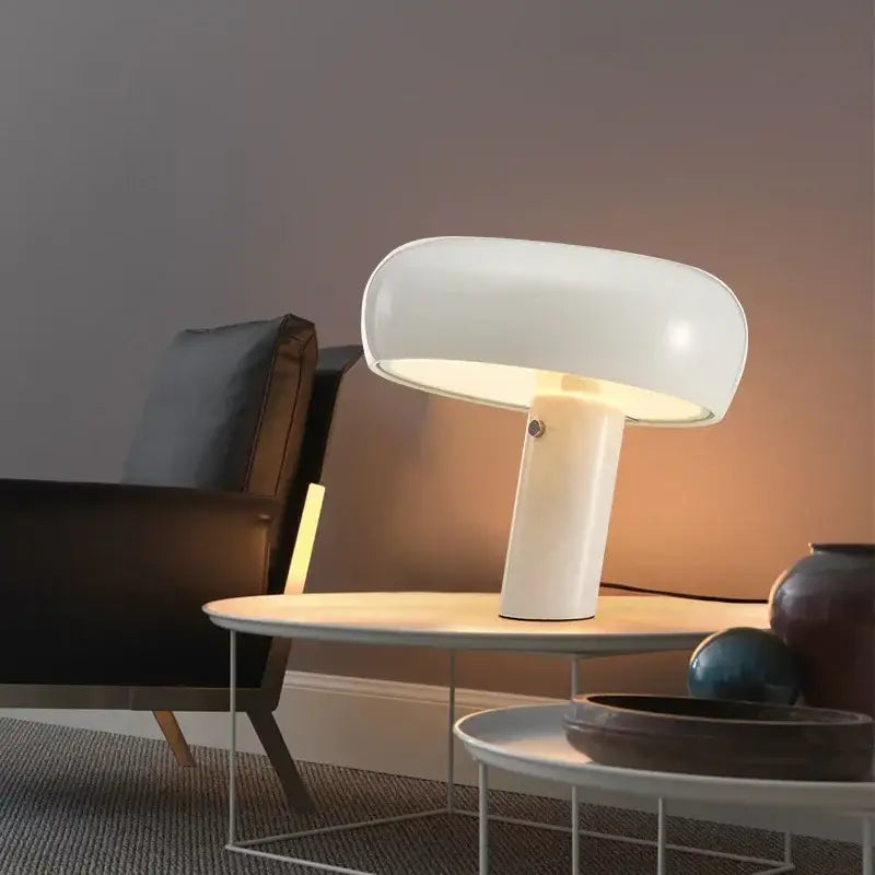 White ceramic decorbites designer mushroom lamp with smooth dome shade and cylindrical base for study room