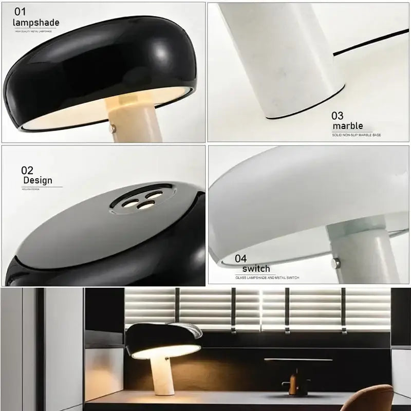 Black glossy lampshade with white marble base and metal switch of decorbites designer mushroom lamp for study room