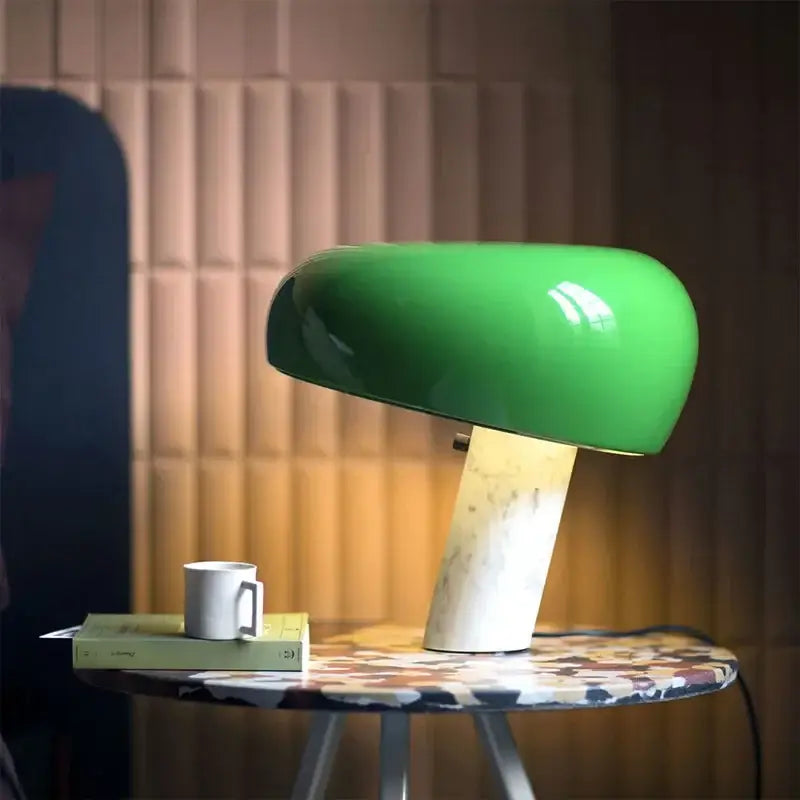 Vibrant green decorbites designer mushroom lamp with glossy finish and black and white marble base for study room