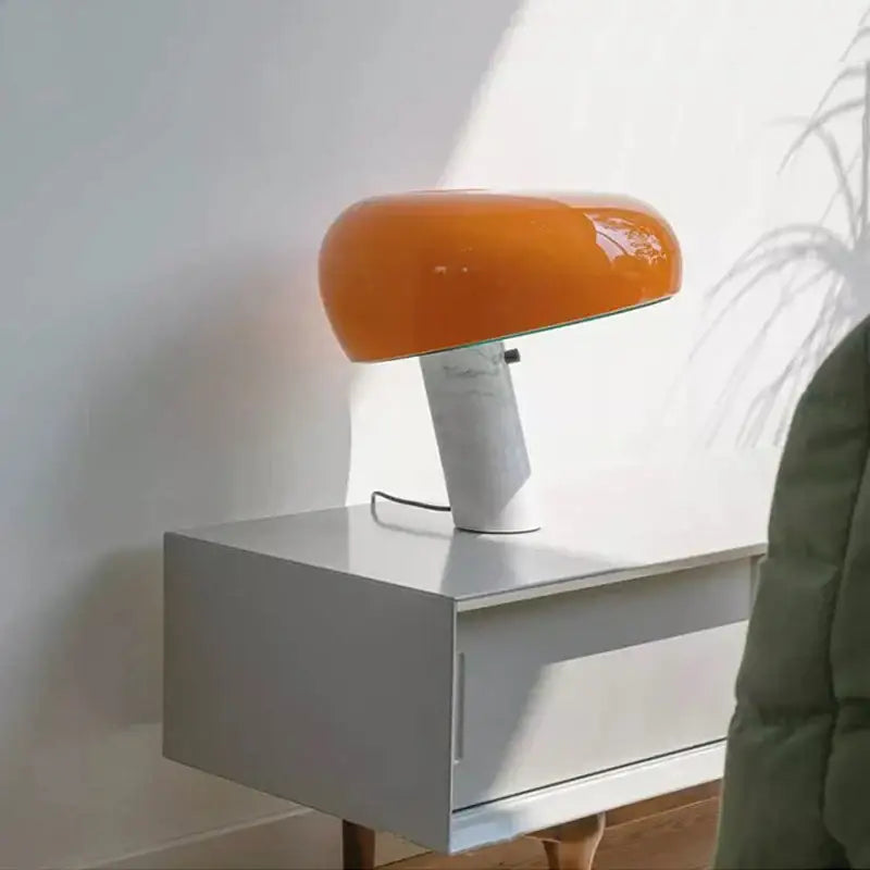 Vibrant orange decorbites designer mushroom lamp with glossy finish and white cylindrical base for study room decor